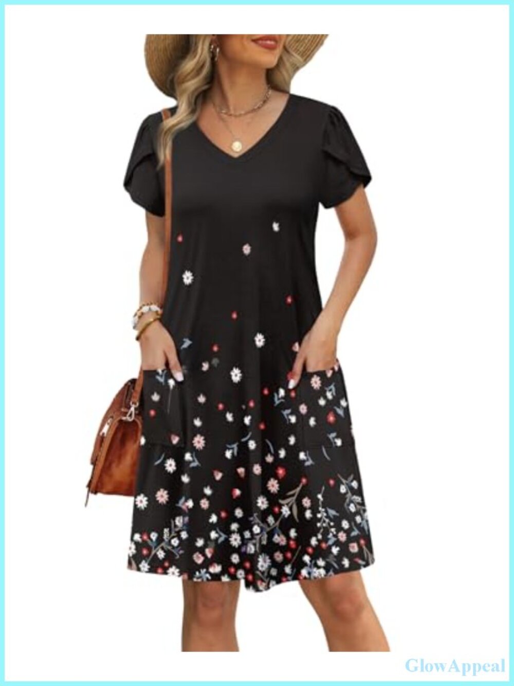 Womens Summer V Neck Petal Short Sleeve Loose Swing Sundress with Pockets